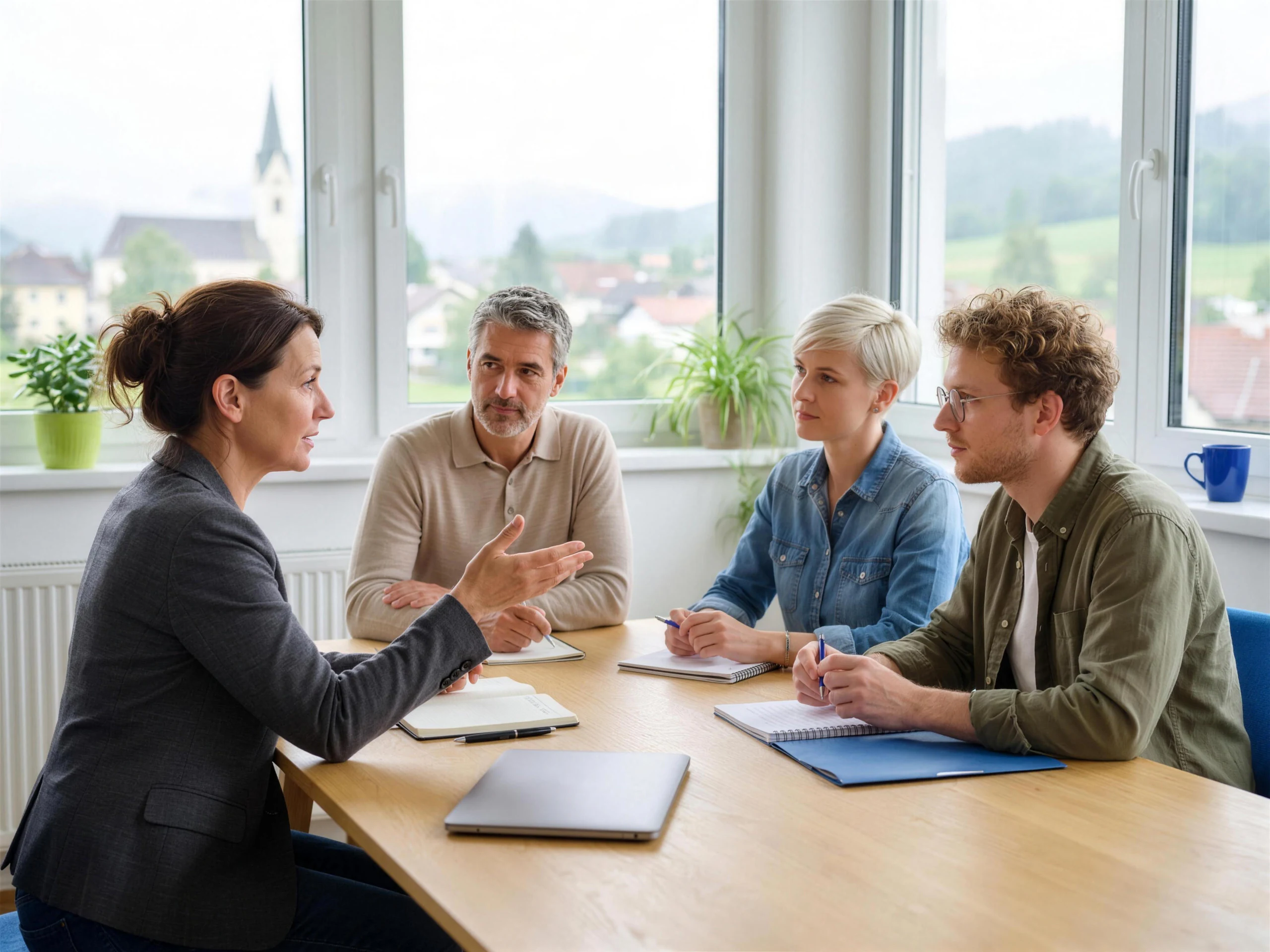 Eine Geschäftsführerin erklärt ihrem Team am Besprechungstisch ruhig die nächsten Schritte