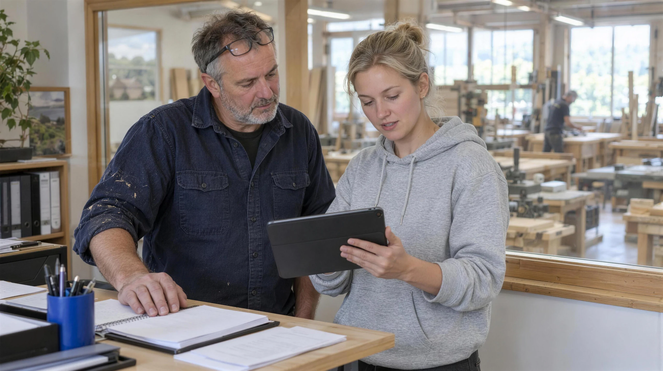 Ein Tischlermeister und seine Mitarbeiterin gehen im Büro neben der Werkstatt gemeinsam einen Ablauf auf dem Tablet durch