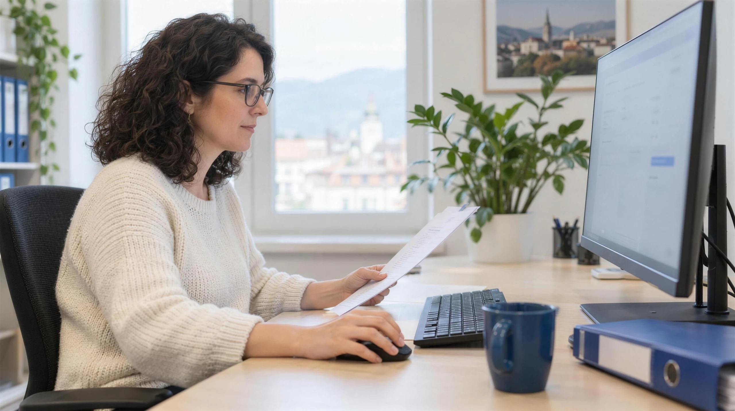 Eine Mitarbeiterin prüft am Bildschirm einen von der KI vorbereiteten Vorgang und vergleicht ihn mit dem Ausdruck, bevor sie freigibt