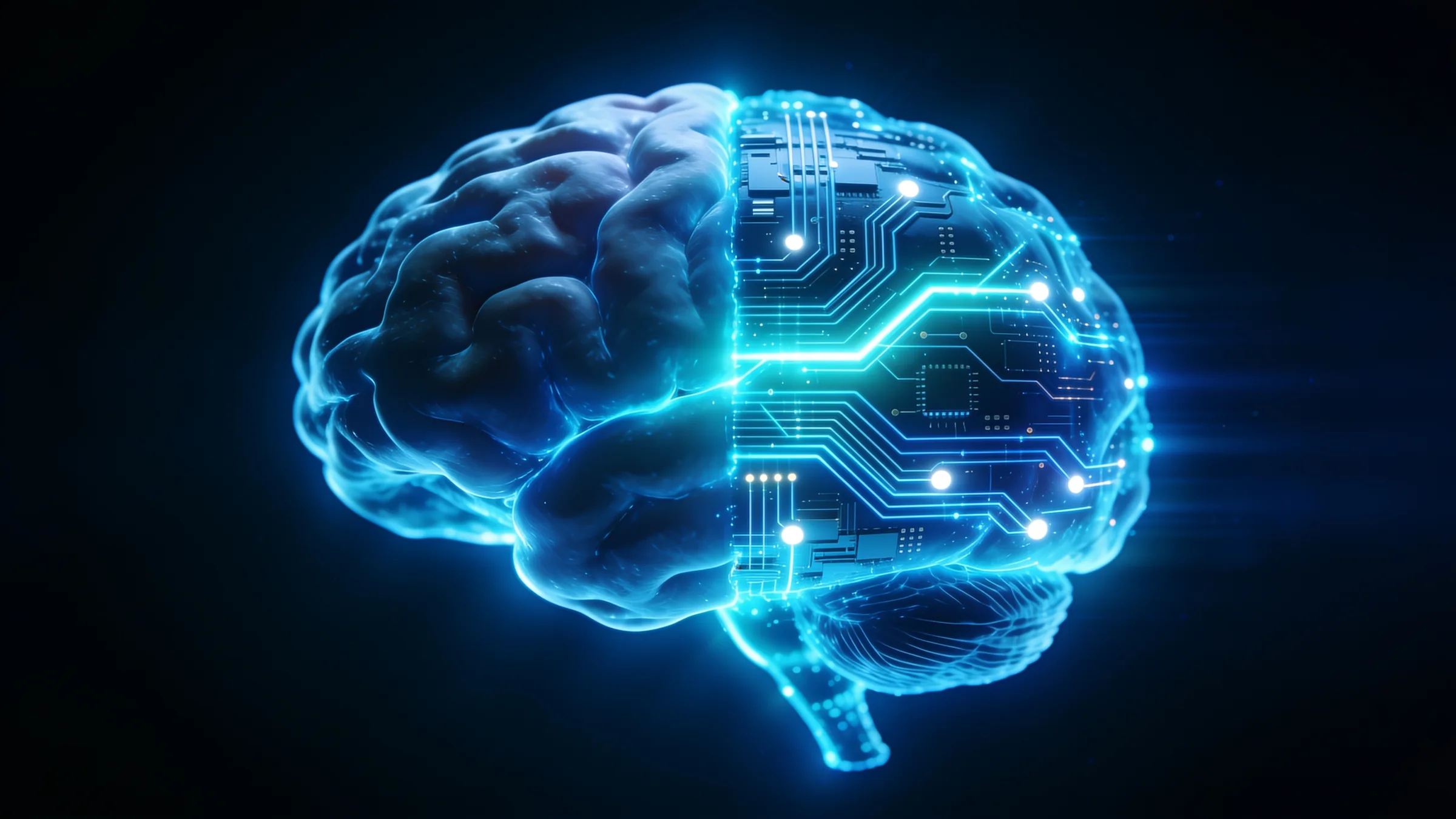 Leuchtendes digitales Gehirn, zur Hälfte menschlich, zur Hälfte Schaltkreis – Sinnbild für künstliche Intelligenz